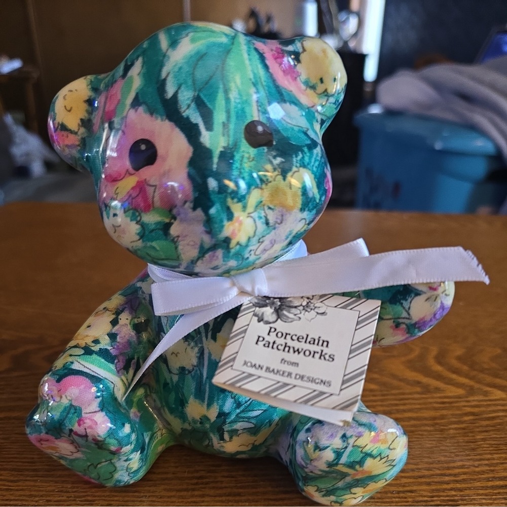 Joan Baker Designs Porcelain Patchworks Green Floral Teddy‎ Bear Sculpture NWT